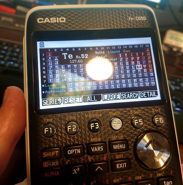 Casio graphing calculator screenshot showing periodic table