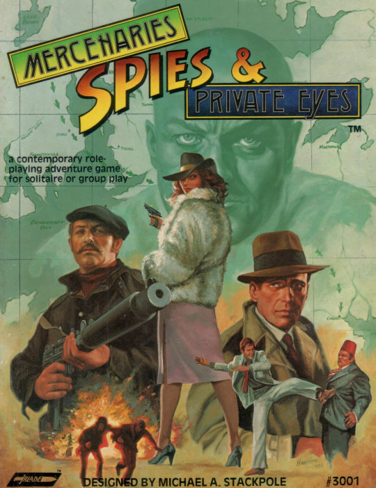 cover of Mercenaries, Spies, & Private Eyes book, showing pulp action espionage and adventure characters with map, cool weapons, and explosion