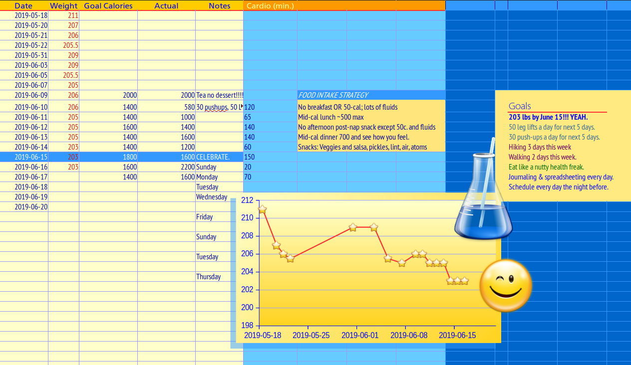 Spreadsheet screenshot showing weight loss progress and chart