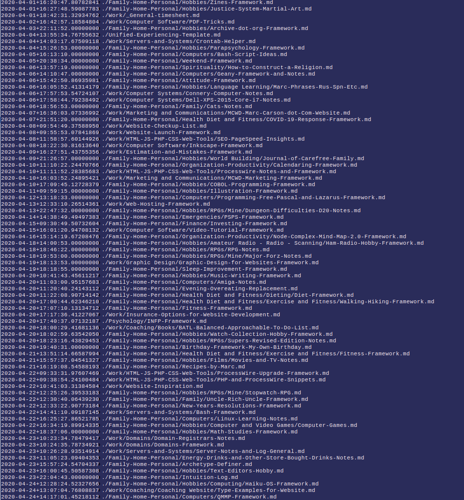 Screen capture of list of 78 frameworks I've been working on in April 2020