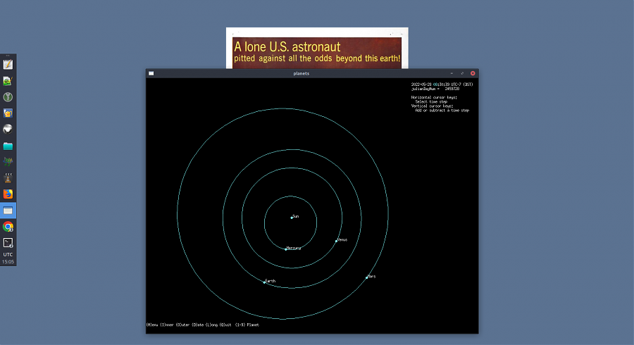 A screenshot showing a graphics window with a top-down view of planet orbits